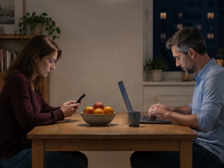Partneri sedia pri jednom stole, každý vo svojom telefóne a počítači